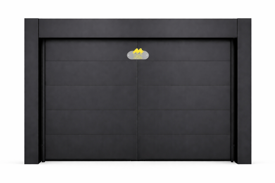 Render frontal del portón cortafuego corredizo RF 60 de una hoja